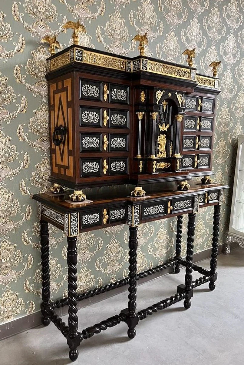 Casa Padrino secreter barroco de lujo negro / marr¨®n / oro - Secretaria de madera maciza de estilo antiguo hecha a mano con puertas y cajones - Muebles de oficina barrocos - Muebles barrocos