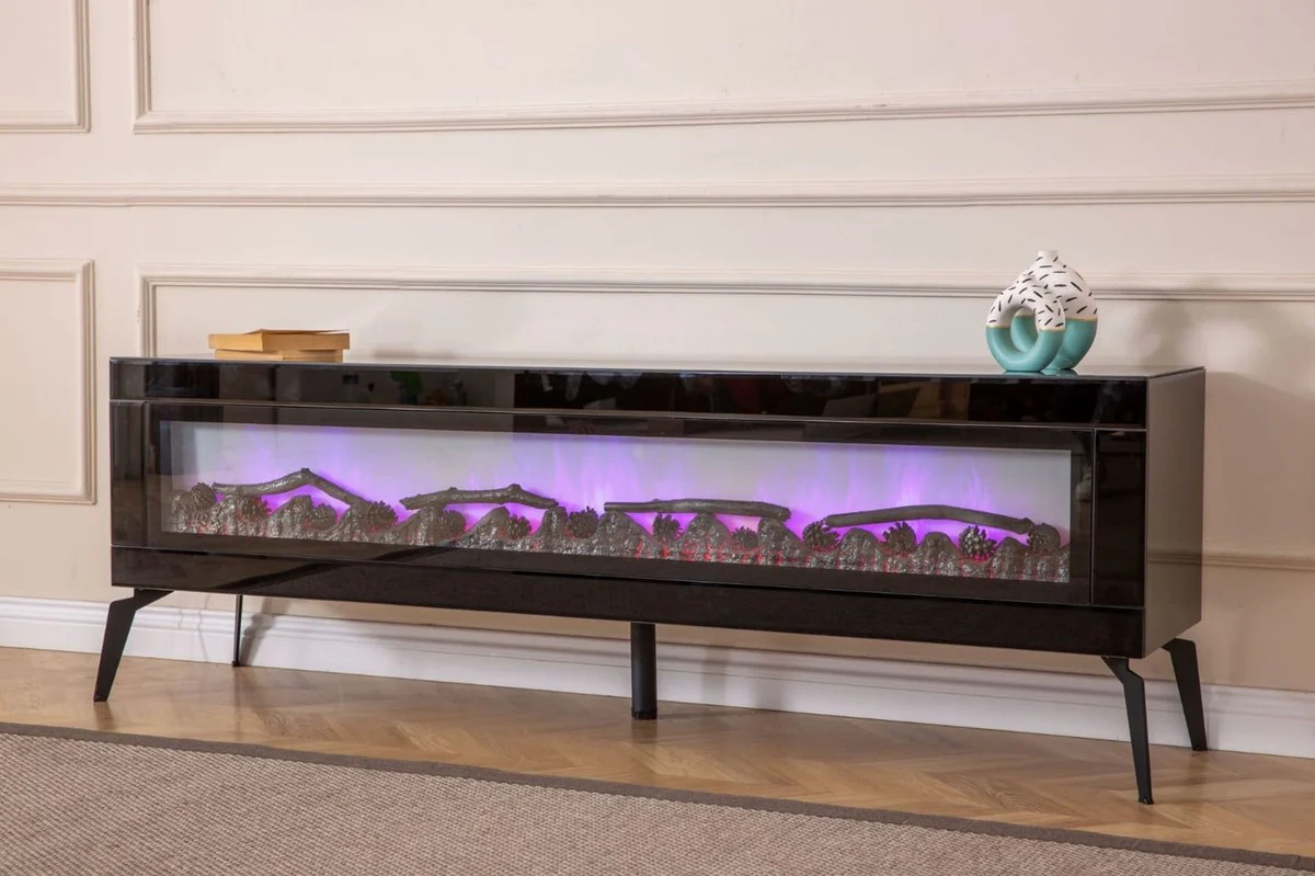 Casa Padrino gabinete de TV de lujo con chimenea eléctrica LED y mando a distancia negro 180 cm