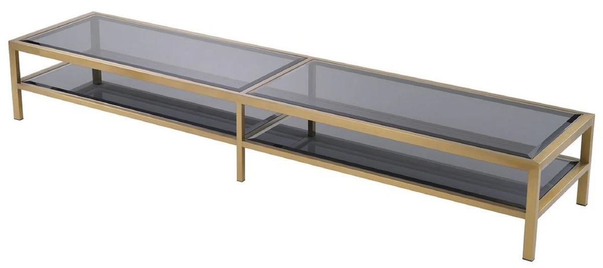 Casa Padrino armario de TV de lujo lat¨®n / gris 200 x 45 x A. 30 cm - Aparador de acero inoxidable con tapas de vidrio tintado - Muebles de sal¨®n de lujo