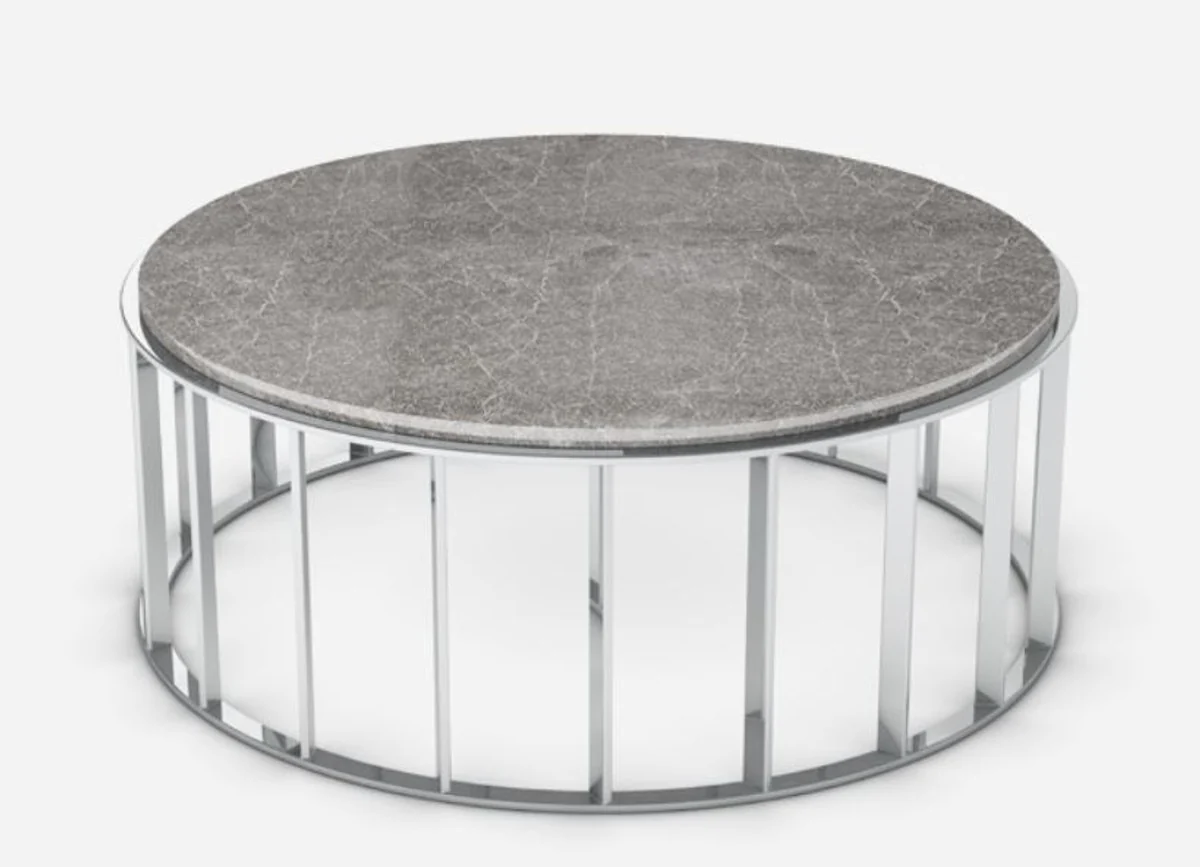 Casa Padrino mesa de centro de lujo gris / plata ? 100 x A. 42 cm - Mesa de sal¨®n redonda con encimera de m¨¢rmol Emperador y marco de acero inoxidable - Muebles de sal¨®n - Calidad de Lujo