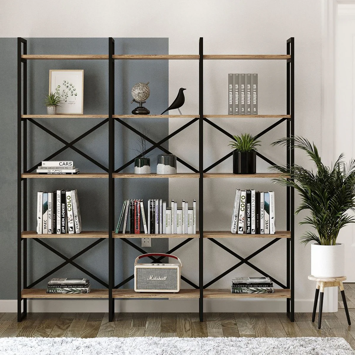 Casa Padrino armario estante de lujo con estantes de madera maciza negro / natural 170 x 30 x A. 175 cm - Armario de libros - Armario de sal¨®n - Muebles de sal¨®n - Muebles de oficina de lujo