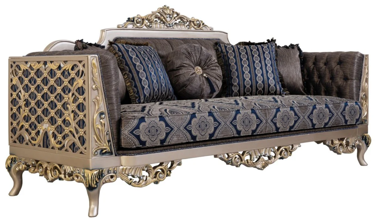 Casa Padrino sof¨¢ barroco de lujo con cojines decorativas azul / plata / oro 226 x 90 x A. 110 cm - Muebles de Sal¨®n Barrocos