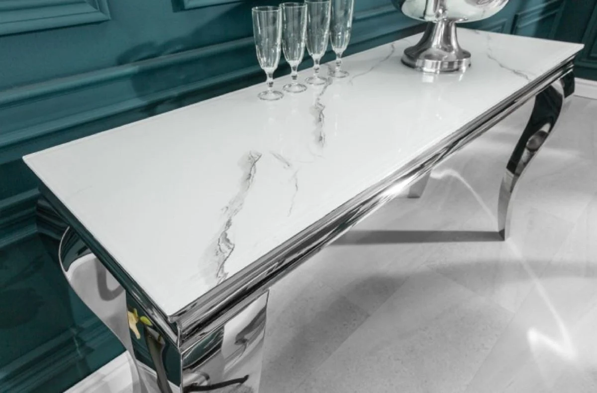 Casa Padrino consola de dise?o blanco / gris / plata 145 x 50 x A. 75 cm - Mesa consola rectangular de acero inoxidable con vidrio de seguridad impreso digitalmente en aspecto m¨¢rmol - Muebles barrocos modernos
