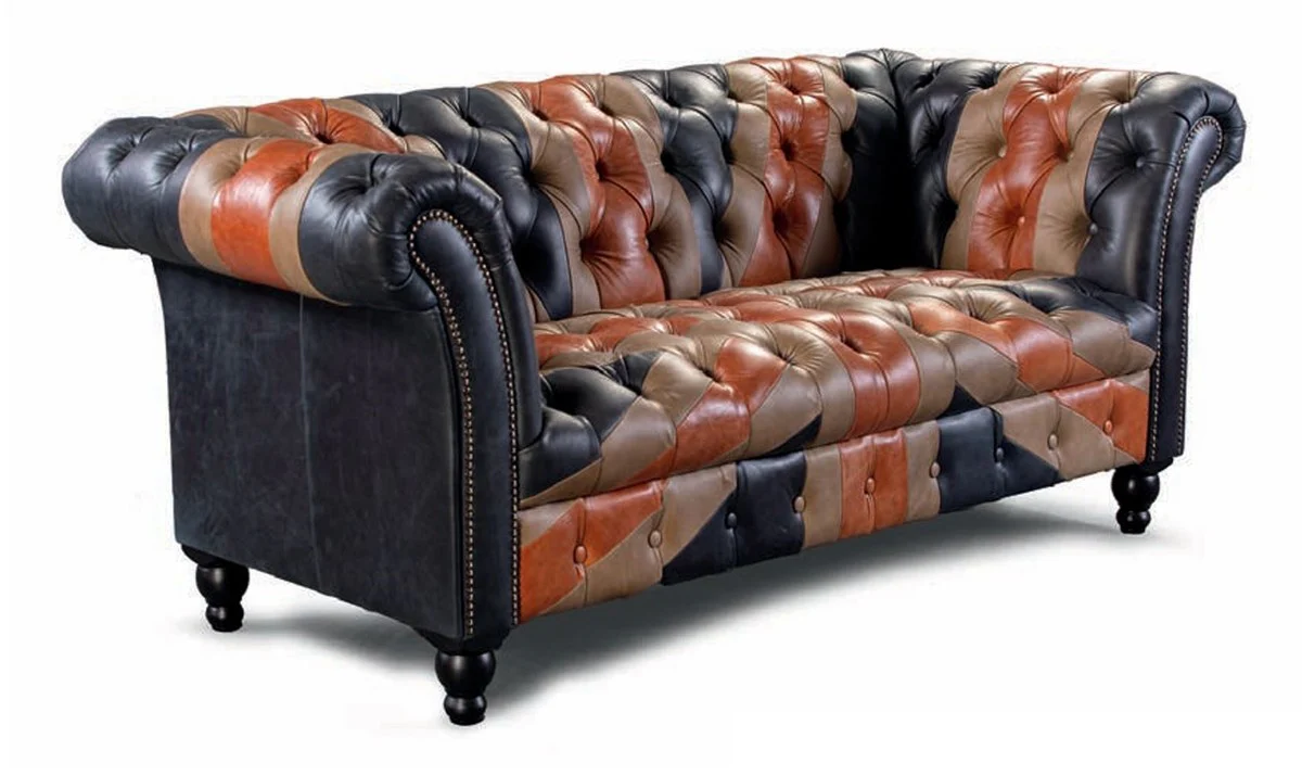 Casa Padrino sof¨¢ Chesterfield de lujo de 2 plazas de cuero genuino azul / marr¨®n / negro 200 cm