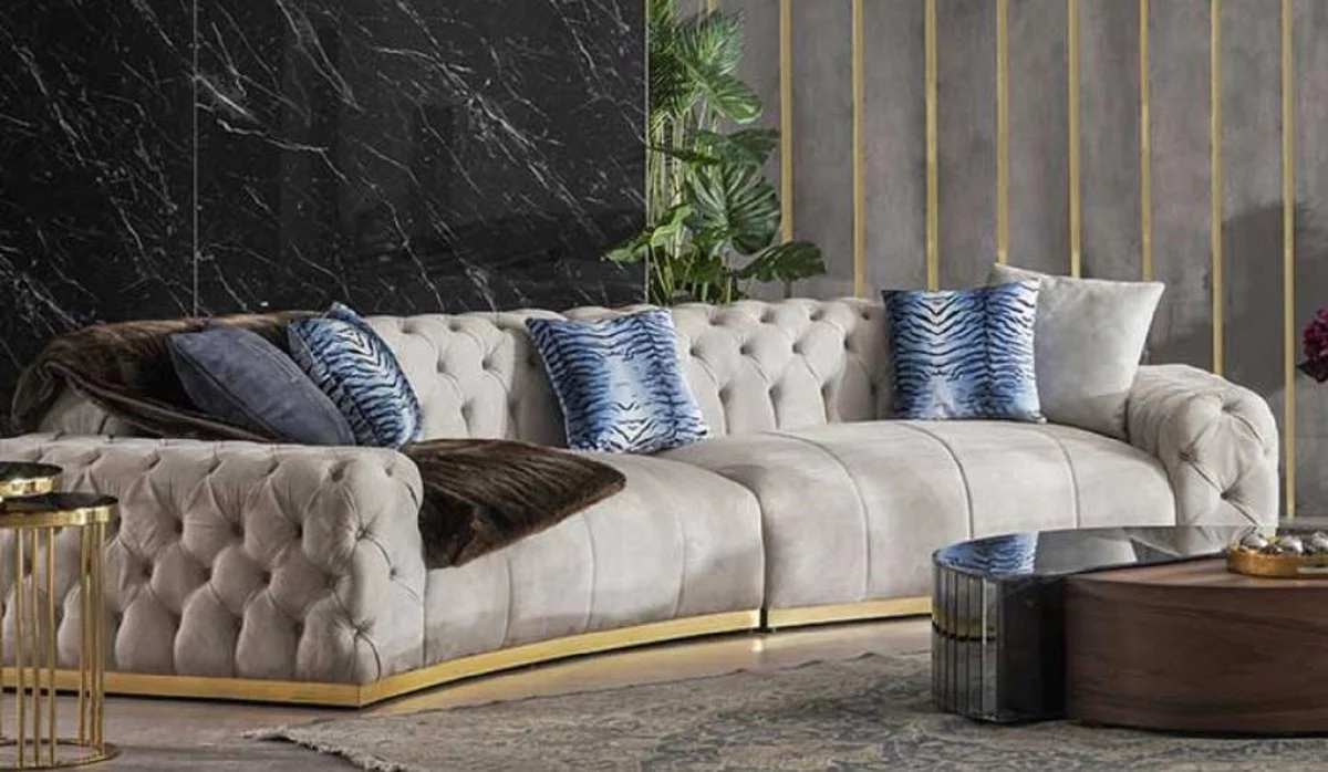 Casa Padrino sof¨¢ Chesterfield de lujo gris / oro 380 x 100 x A. 72 cm - Sof¨¢ de sal¨®n curvo - Muebles de sal¨®n - Muebles Chesterfield - Muebles de lujo - Interior de sal¨®n