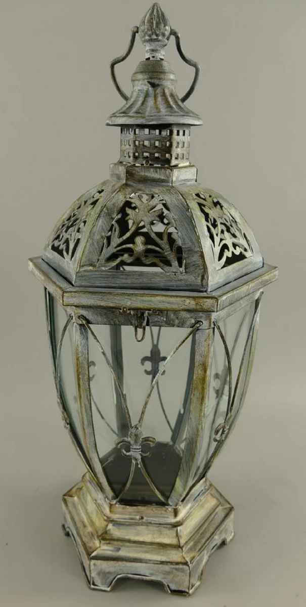 Casa Padrino linterna Art Nouveau plata antigua 25 x 25 x A. 58 cm - Farol de mesa de metal con mango - Accesorios Decorativos Barrocos y Art Nouveau