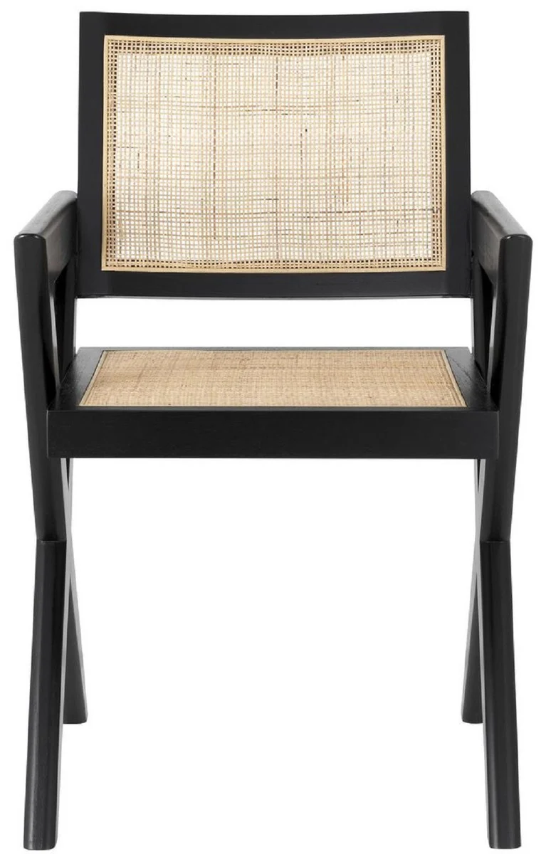 Casa Padrino silla de comedor de lujo negro / natural 53 x 57 x A. 84,5 cm - Silla de madera maciza con reposabrazos y rat¨¢n tejido a mano - Muebles de comedor de lujo