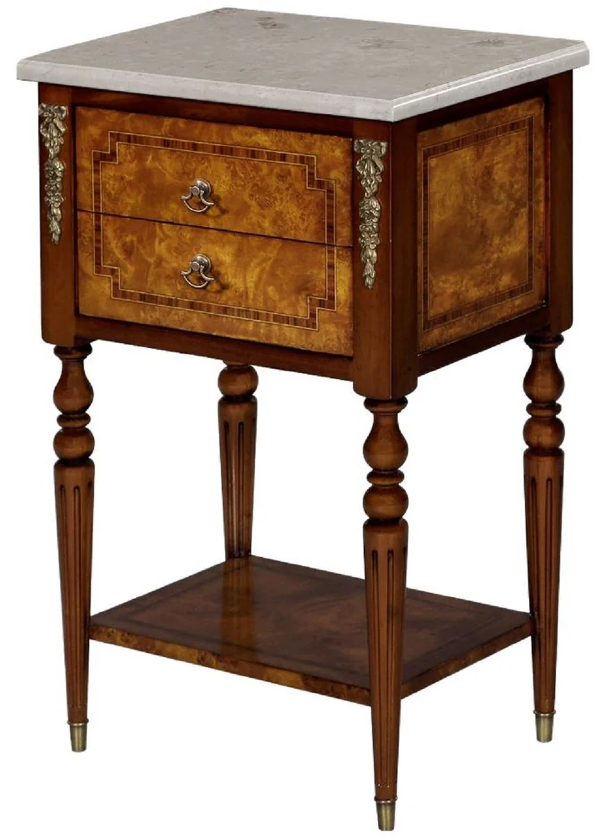 Casa Padrino mesa auxiliar barroco de lujo marrón claro / marrón / crema 42 x 31 x A. 68 cm - Mesa de madera maciza con tapa de mármol - Mesita de Noche - Muebles Barrocos