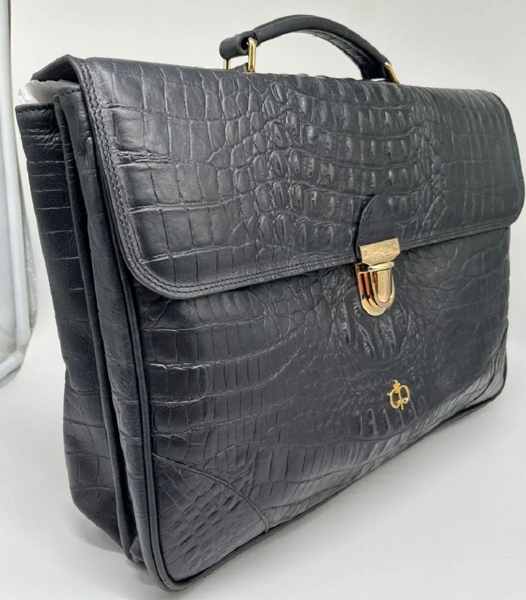 Casa Padrino malet¨ªn de lujo para hombre de cuero genuino con aspecto de cocodrilo negro / oro 42 cm - Hecho en Italia