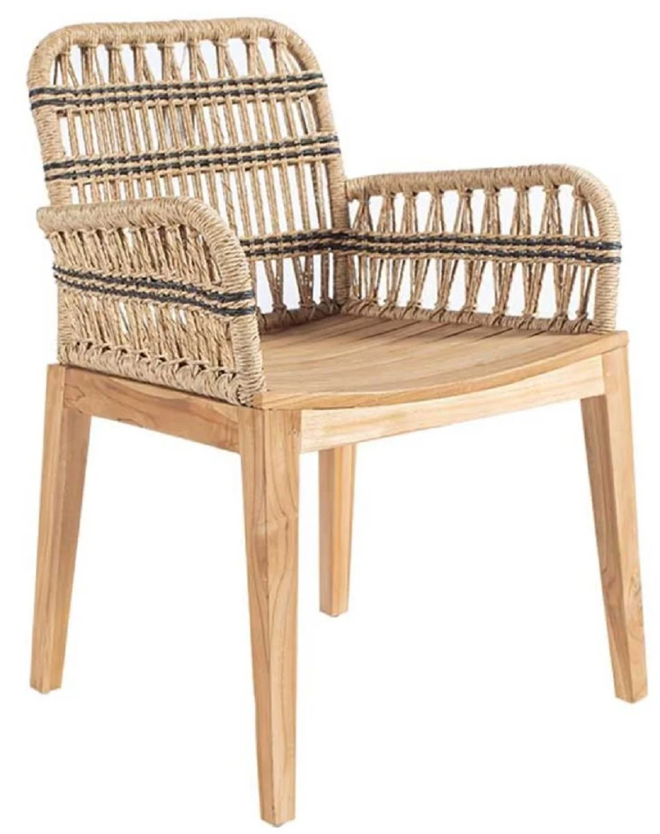 Casa Padrino silla de comedor de lujo con reposabrazos natural / negro 60 x 50 x A. 85 cm - Silla de jard¨ªn de lujo de madera maciza con tejido de rat¨¢n - Muebles de comedor de lujo