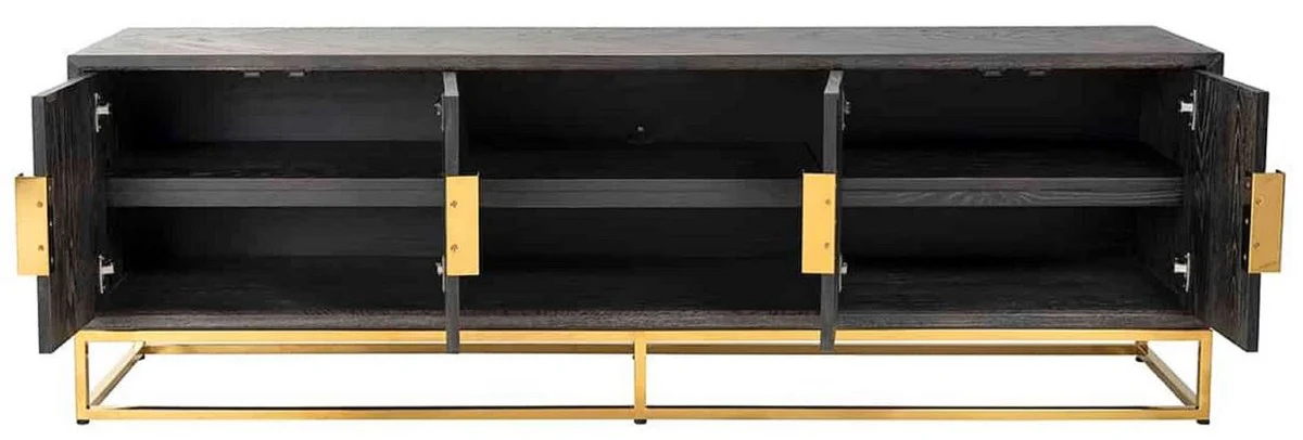 Casa Padrino gabinete de TV de lujo negro / oro 185 x 42,5 x A. 60 cm - Aparador de madera maciza con 4 puertas - Muebles de salón - Muebles de hotel - Colección de Lujo