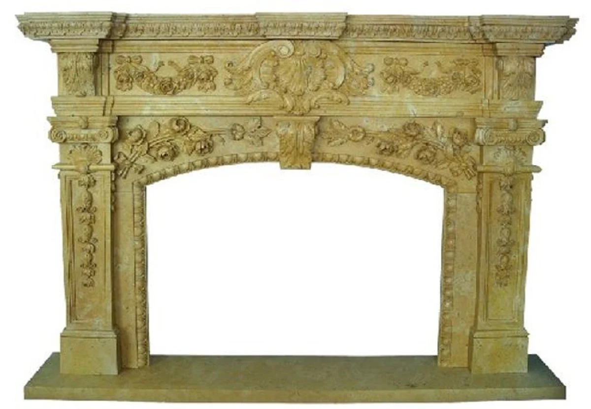 Casa Padrino marco de chimenea barroco de lujo amarillo 200 x 40 x A. 150 cm - Marco de chimenea hecho a mano de m¨¢rmol de alta calidad - Accesorios de decoraci¨®n de chimeneas - Muebles de m¨¢rmol barroco