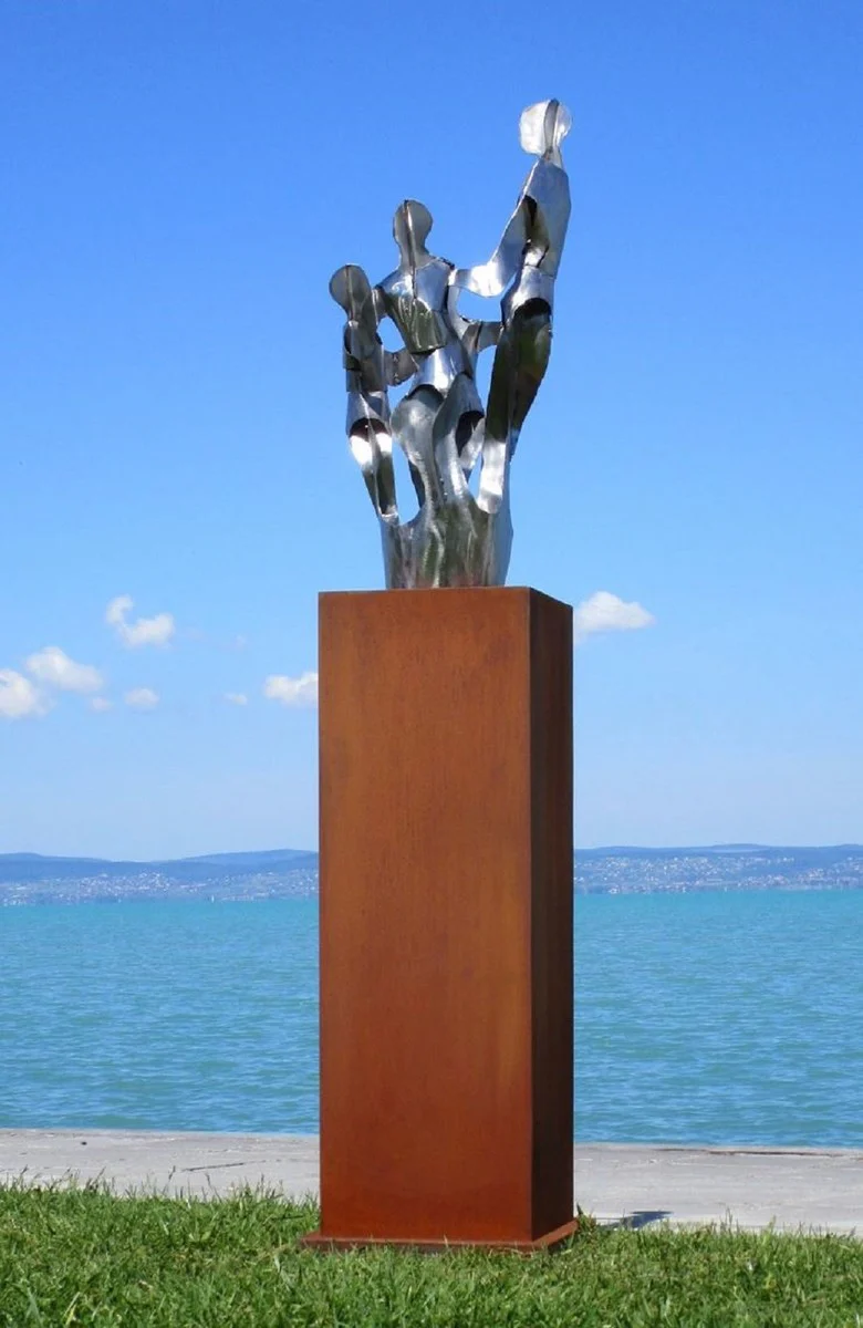 Casa Padrino escultura de metal de decoraci¨®n de jard¨ªn XXL amigos sobre columna plata / ¨®xido A. 182 cm