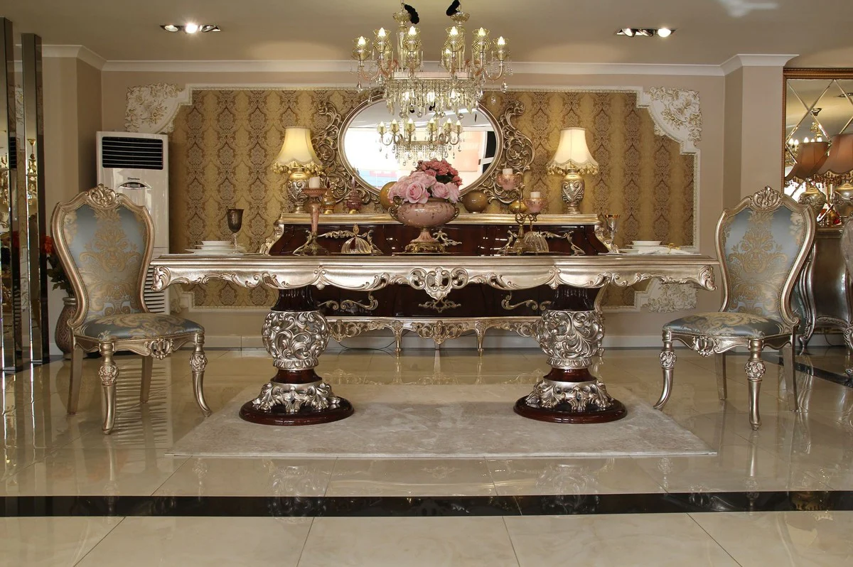 Casa Padrino mesa de comedor barroco de lujo marr¨®n oscuro / plata - Mesa de comedor de madera maciza hecha a mano de alta calidad en estilo barroco - Muebles de comedor barrocos