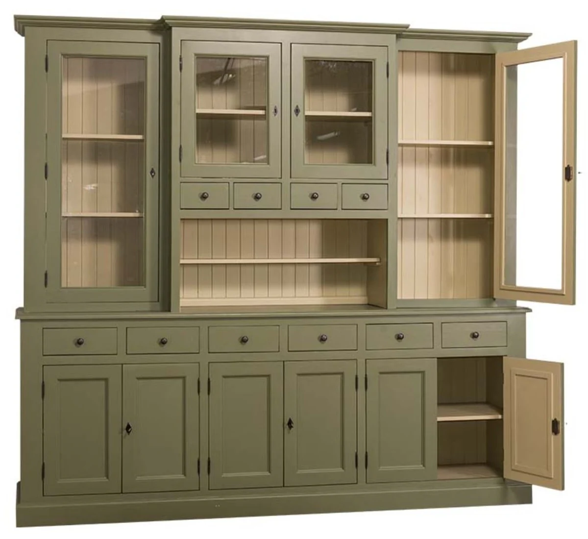 Casa Padrino gabinete de cocina estilo country verde / beige 244 x 45 x H. 225 cm - Gabinete de Cocina de 2 Piezas con 10 Puertas y 10 Cajones