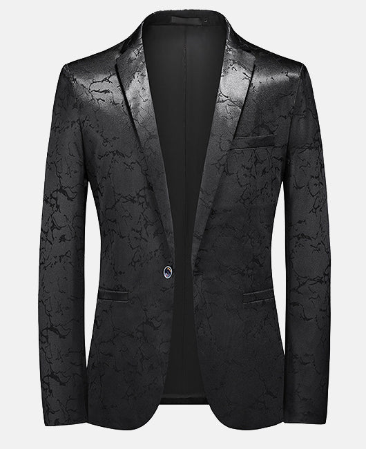 Glamorous Navy Blue Marble Print Lapel Collar One Button Blazer