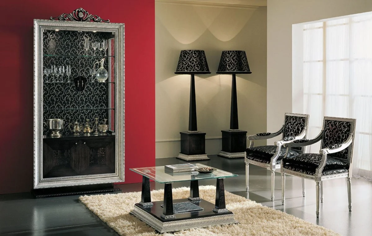 Casa Padrino vitrina barroco de lujo negro / plata - Magn¨ªfica vitrina barroco con 4 puertas - Muebles de sal¨®n y de hotel barroco - Calidad de primera clase - Hecho en Italia