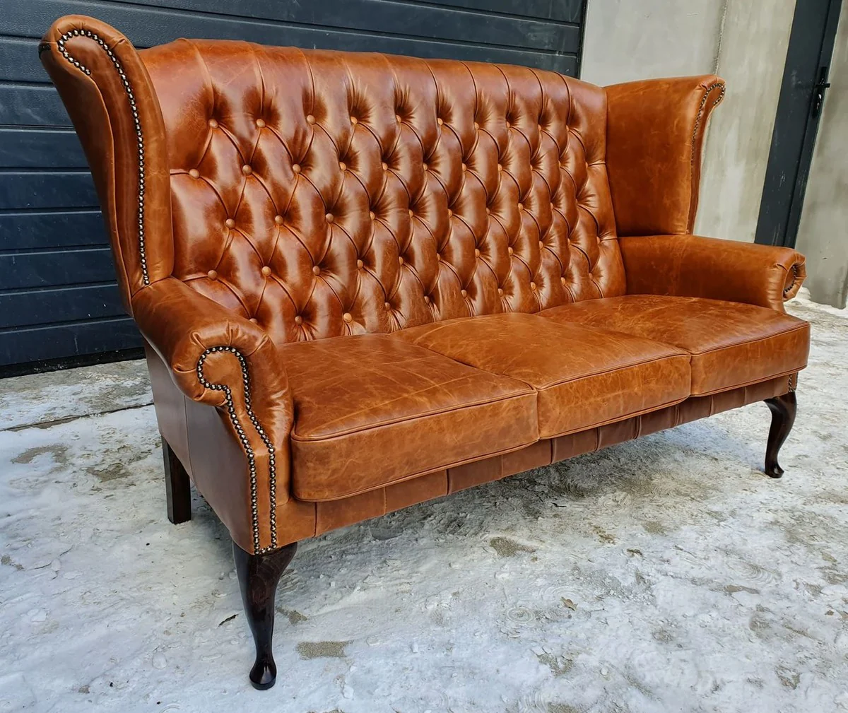 Casa Padrino sof¨¢ orejero Chesterfield de lujo con respaldo alto de cuero genuino marr¨®n vintage / marr¨®n oscuro 183 cm - Muebles de cuero genuino