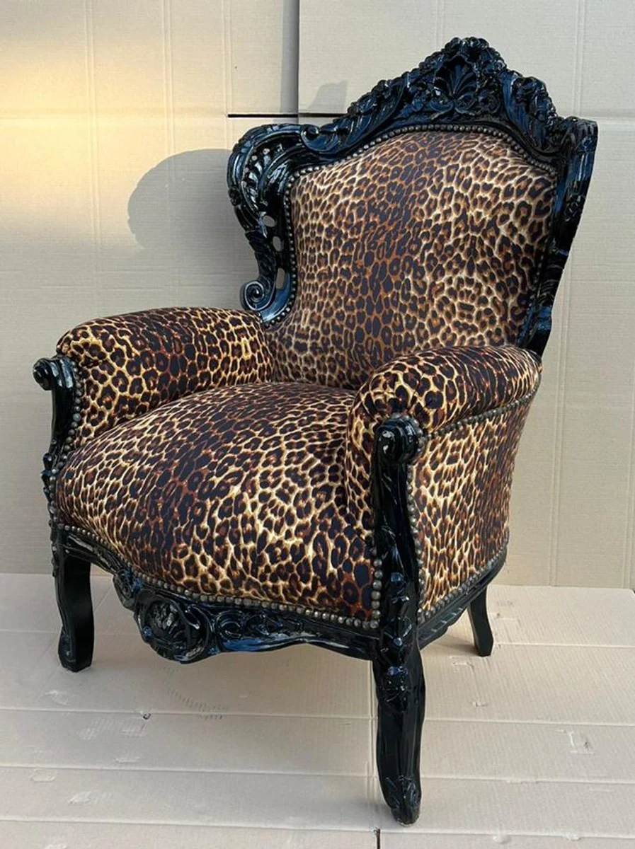 Casa Padrino sill¨®n barroco leopardo / negro - Magn¨ªfico sill¨®n de sal¨®n de madera maciza - Sill¨®n de sal¨®n de estilo antiguo - Muebles de sal¨®n barrocos