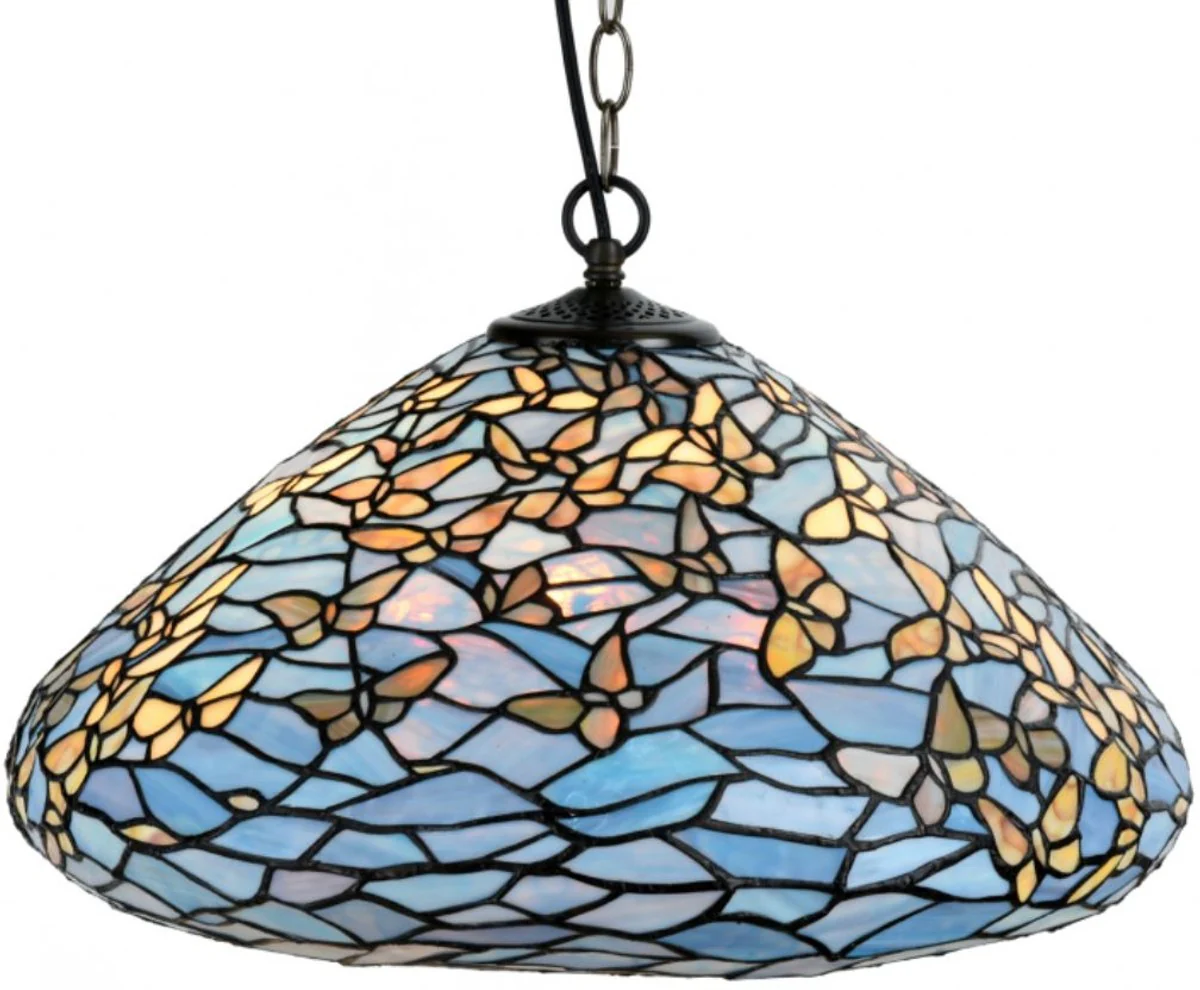 Casa Padrino Tiffany lámpara colgante mariposas azul / multicolor Ø 50 x H. 135 cm - Lámpara Colgante de Numerosas Piezas de Mosaico de Vidrio