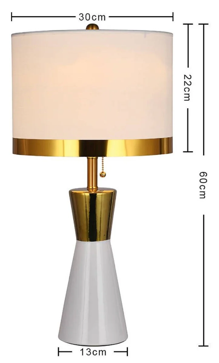 Casa Padrino lámpara de mesa de cerámica de lujo blanco / oro / blanco Ø 30 x A. 60 cm - Lámpara de escritorio redonda de cerámica con pantalla - Luces de cerámica de lujo