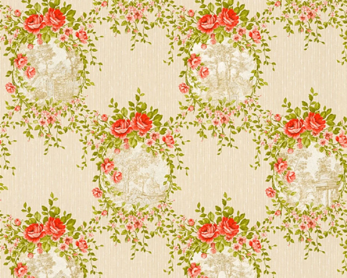 Casa Padrino papel pintado barroco no tejido beige / verde / rojo - Papel pintado de salón de estilo barroco con elegante patrón floral - Accesorios de decoración barroco