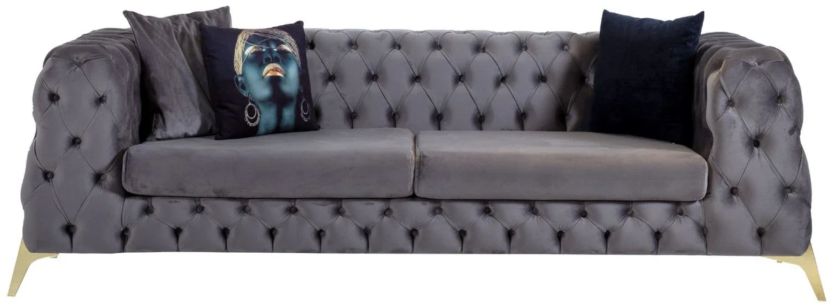 Casa Padrino sof¨¢ de terciopelo Chesterfield de lujo gris / lat¨®n 240 x 95 x A. 81 cm - Sof¨¢ de sal¨®n moderno - Muebles Chesterfield