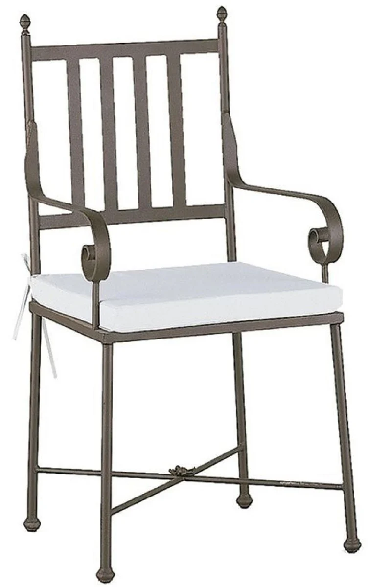 Casa Padrino silla de jard¨ªn Art Nouveau de lujo con reposabrazos y cojin de asiento marr¨®n / blanco 47 x 50 x A. 103 cm - Silla de comedor forjada a mano - Muebles de Comedor de Jard¨ªn de Patio