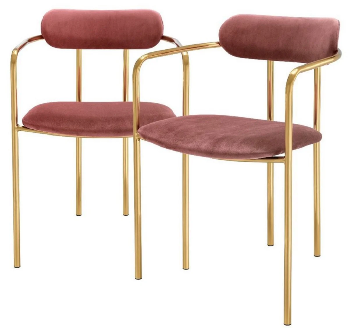 Casa Padrino sillas de comedor de lujo con reposabrazos rosa / oro 53 x 50 x H. 74 cm - Sillas de Cocina con Tela de Terciopelo Fino - Conjunto de Comedor - Muebles de Comedor