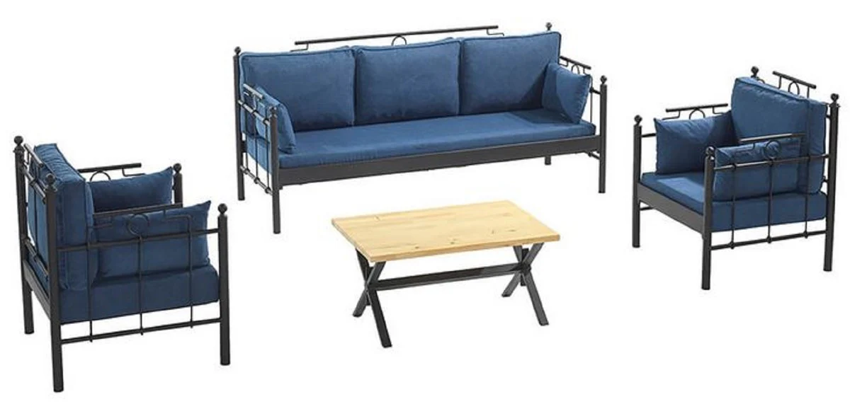 Casa Padrino Art Nouveau Conjunto de Muebles de Jardín Azul / Negro - 1 Sofá y 2 Sillones y 1 Mesa - Muebles de Jardín y Patio en Estilo Art Nouveau