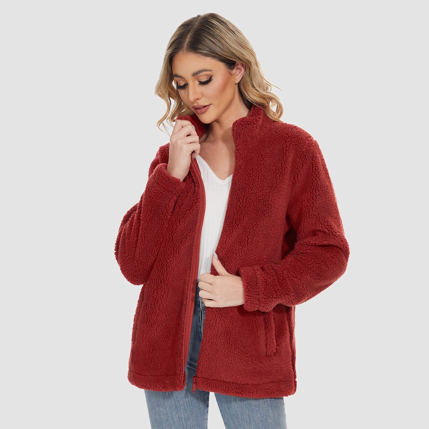 Women Sherpa Jacket Full-Zip Fuzzy Fleece Teddy Casual Coats Zip Pockets Winter Warm Soft Jackets