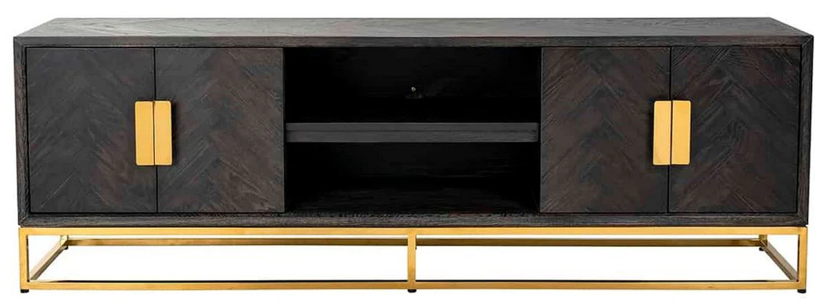 Casa Padrino gabinete de TV de lujo negro / oro 185 x 42,5 x A. 60 cm - Aparador de madera maciza con 4 puertas - Muebles de salón - Muebles de hotel - Colección de Lujo