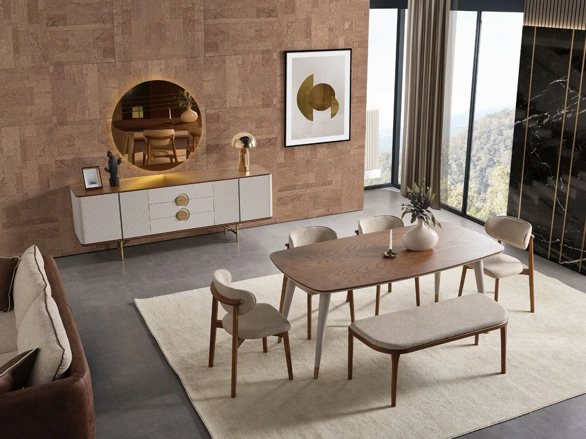 Casa Padrino Conjunto de Comedor de Lujo Gris / Marr¨®n - 1 Mesa de Comedor de Lujo y 4 Sillas de Comedor de Lujo y 1 Banco de Lujo - Muebles de Comedor - Muebles de Lujo - Interiores de Lujo