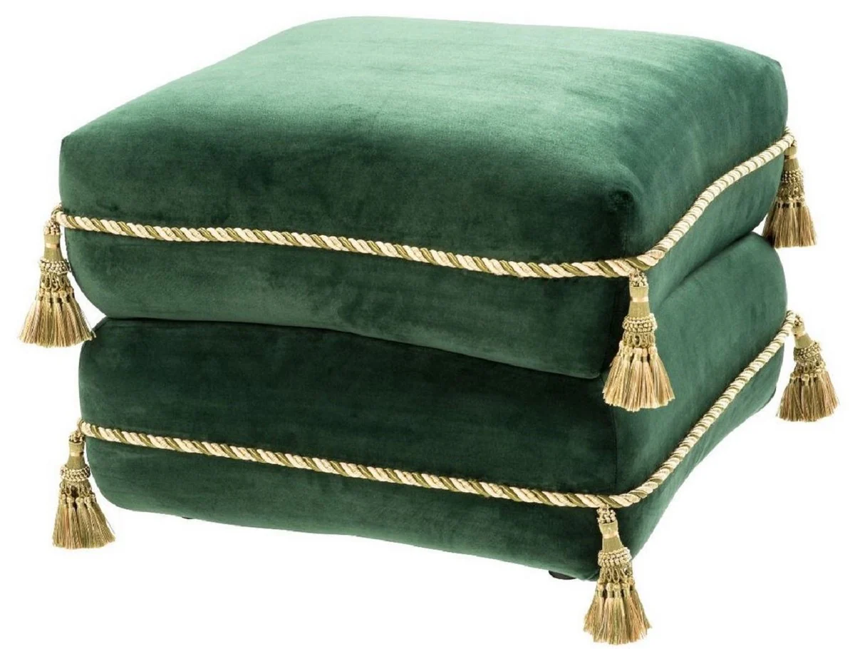 Casa Padrino taburete de lujo verde oscuro / oro / verde 57 x 57 x H. 42 cm - Taburete de Terciopelo Fino con Borlas - Muebles de Lujo