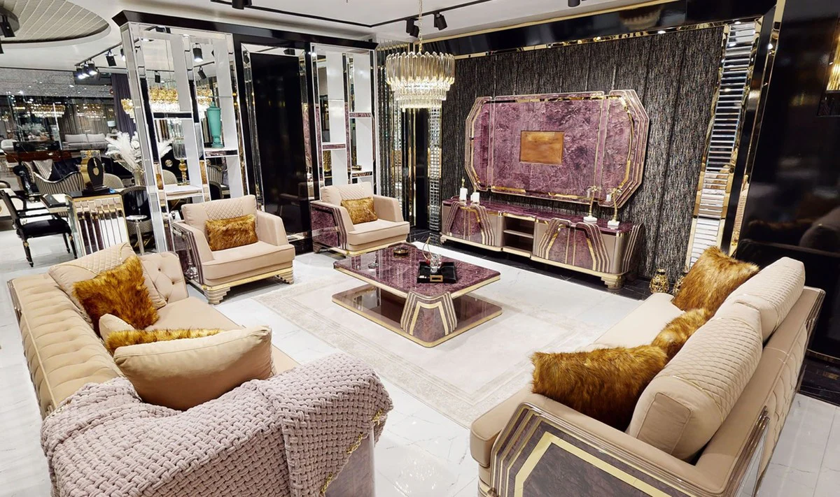 Casa Padrino sof¨¢ Art Deco de lujo beige / p¨²rpura / gris / oro - Sof¨¢ de sal¨®n noble con aspecto de m¨¢rmol - Muebles de Hotel y Sala de Estar Art Deco de Lujo