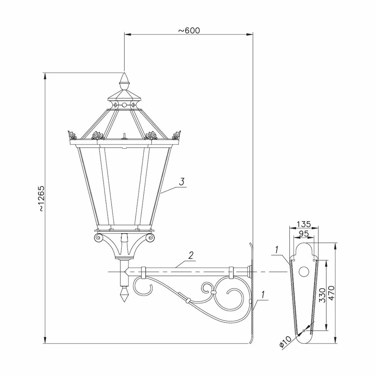 Casa Padrino l¨¢mpara de pared de exteriores barroco negro / ¨¢mbar A. 126,5 cm - iluminaci¨®n exterior nost¨¢lgica