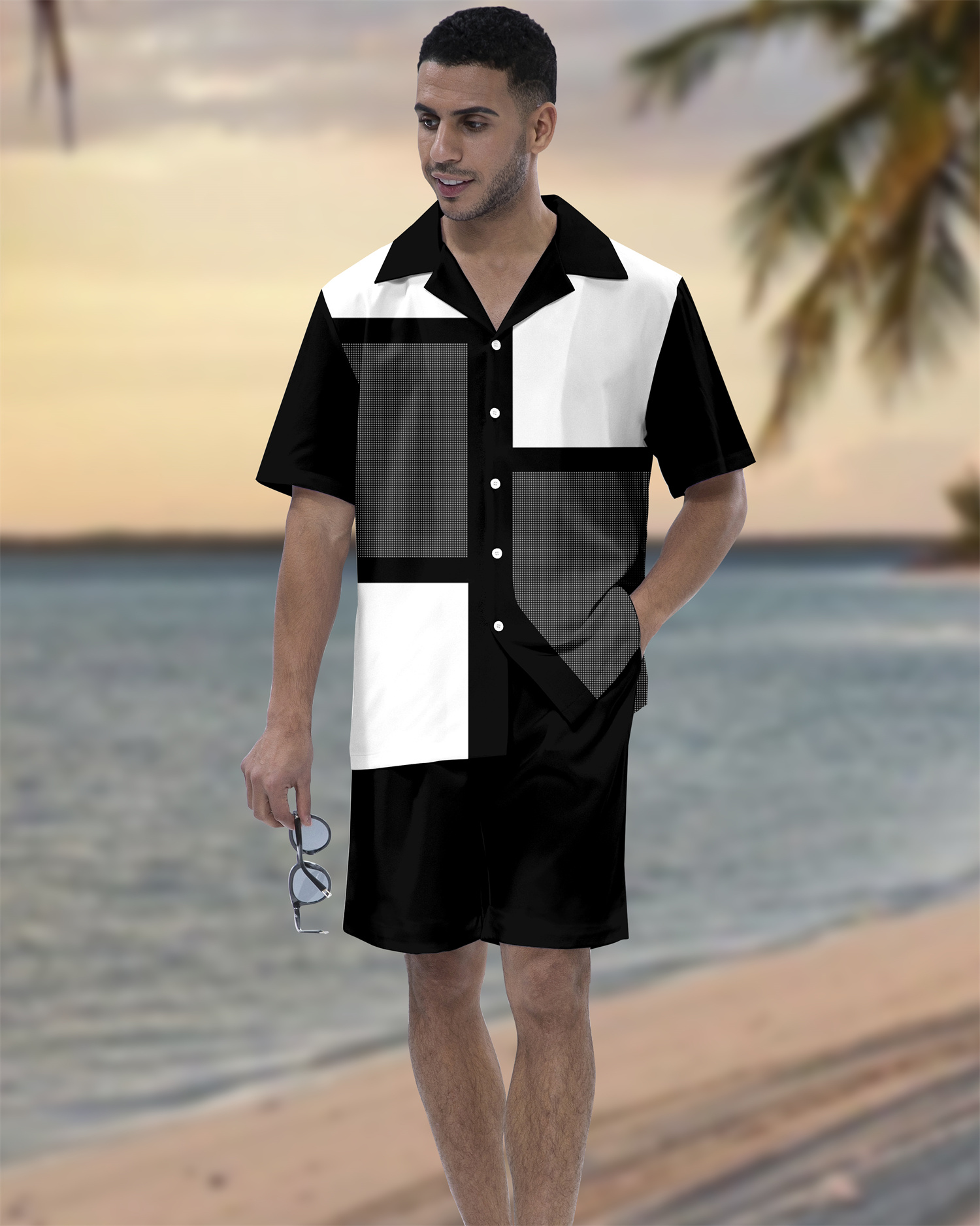 Suitmens Men's Hawaiian Vacation Plaid Print Short Sleeve Set 118