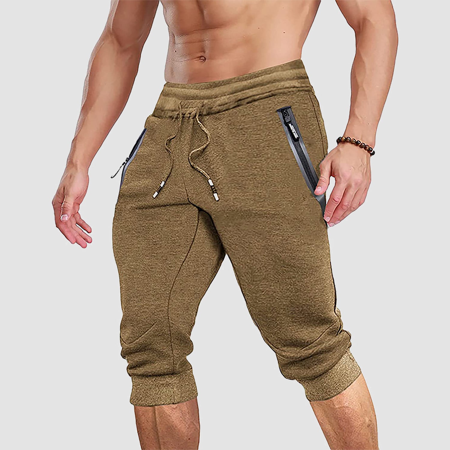 Men Capris Joggers with Zipper Pocket Drawstring Tapered Training Shorts