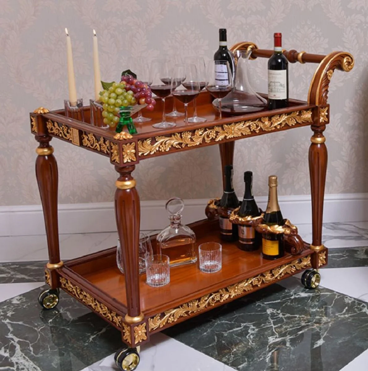 Casa Padrino Carrito Barroco de Lujo Marr¨®n / Oro 97 cm - Carro de Servicio de Estilo Barroco - Hecho en Italia