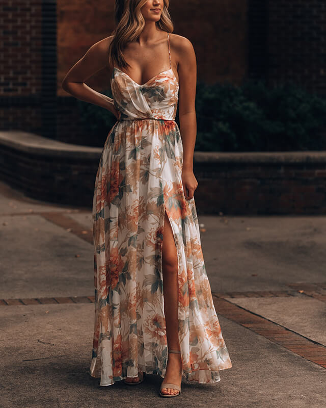 Women's V-neck Printed Slit Sexy Vacation Dress