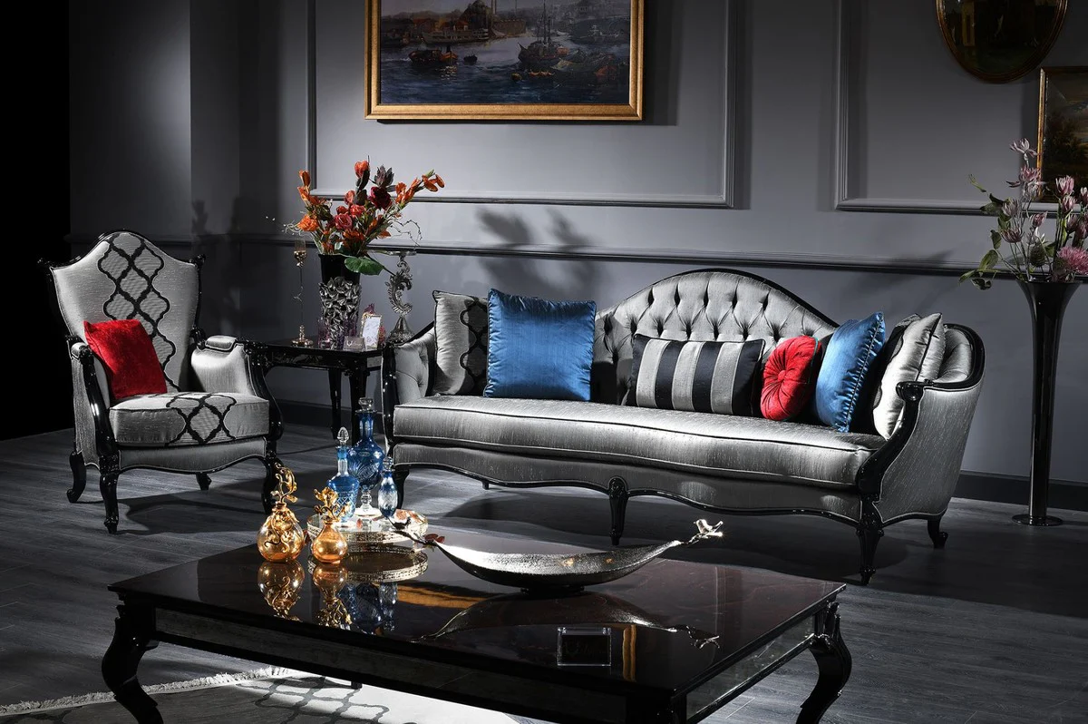 Casa Padrino sof¨¢ barroco de lujo plata / negro 250 x 92 x A. 103 cm - Sof¨¢ de Sal¨®n Adornado en Estilo Barroco