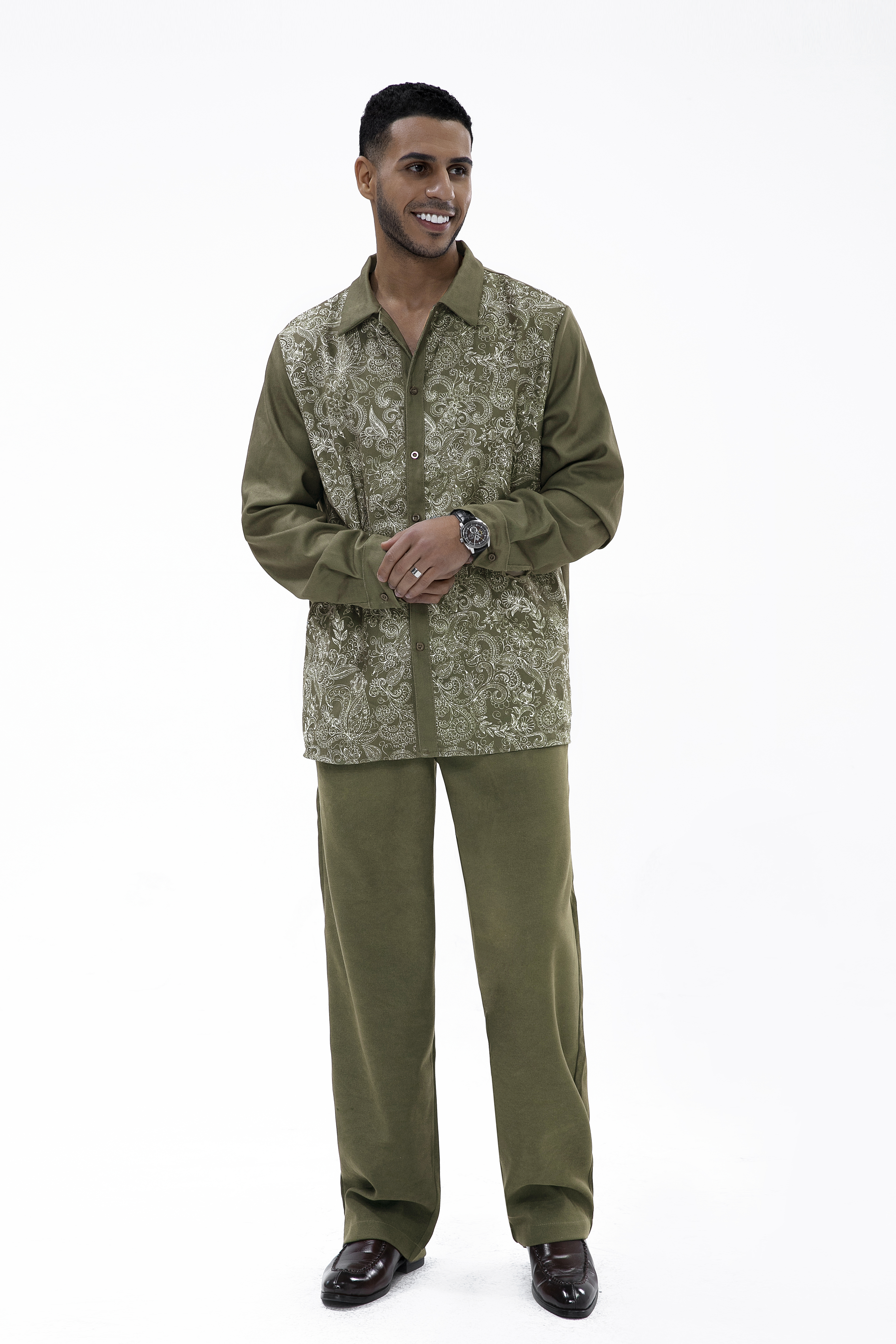Suitmens Long Sleeve Trousers Green Cashew Blossom Two-Piece Walking Set