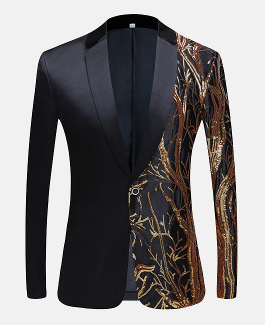 Glamorous  Plain  Embroidery Gold Branch Print Sequins One Button Blazer