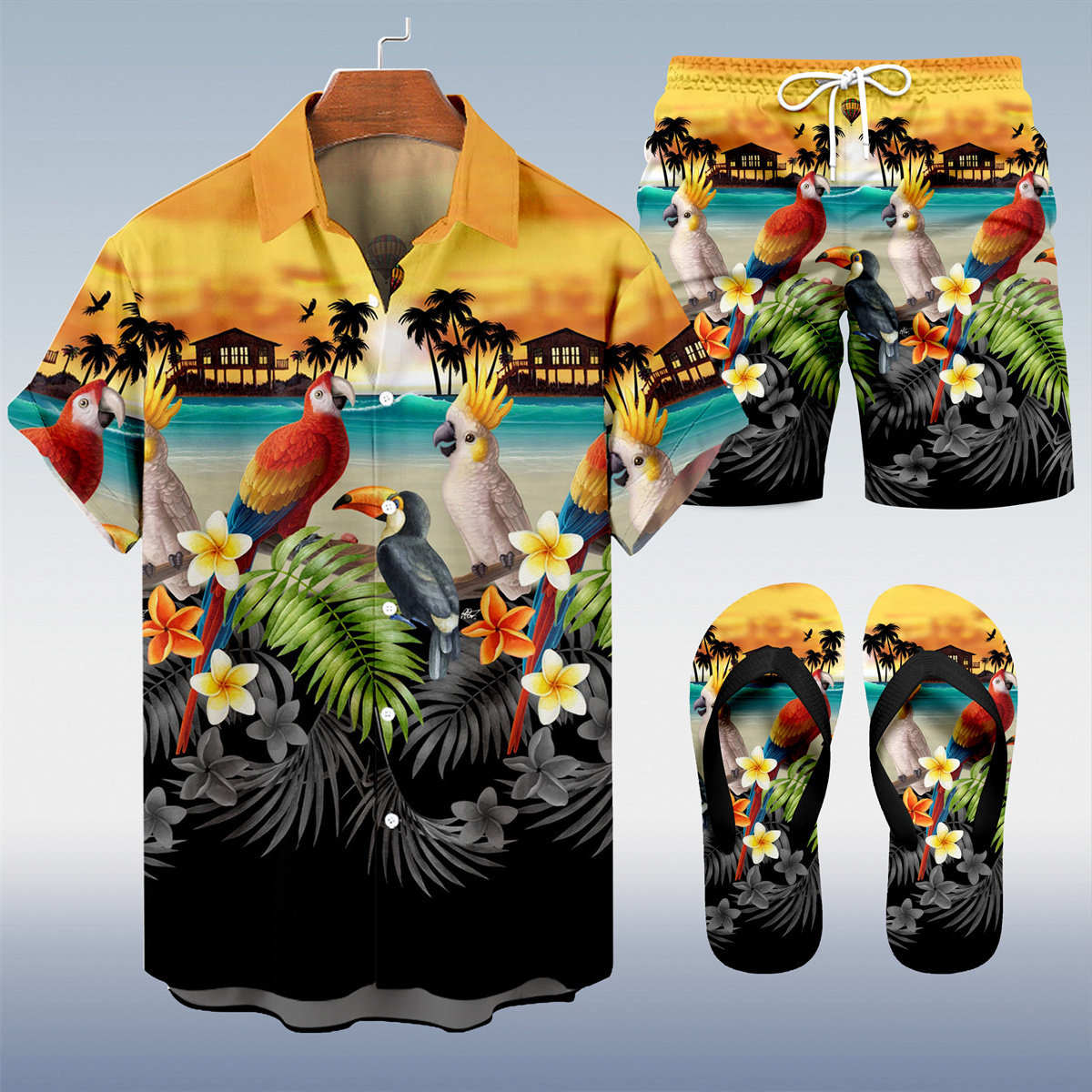 Suitmens Men's Men's Tiki Style Hawaiian Vacation Print Three-Piece Set 034