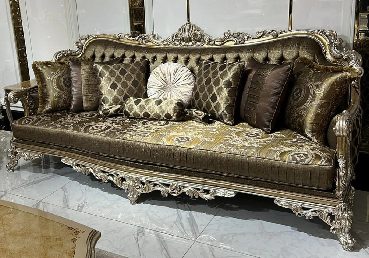 Casa Padrino sof¨¢ barroco de lujo oro / plata - Magn¨ªfico sof¨¢ de sal¨®n con cojines decorativos - Muebles de sal¨®n barrocos - Noble y Magn¨ªfico