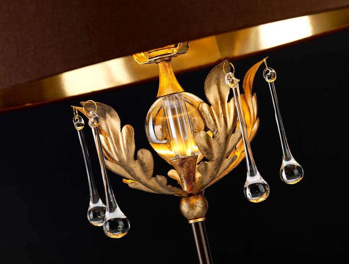 Casa Padrino lámpara de mesa barroco bronce / oro antiguo Ø 43 x A. 72 cm - Elegante lámpara de escritorio con hojas de roble de acero hechas a mano y gotas de vidrio decorativas - Luces Barrocos