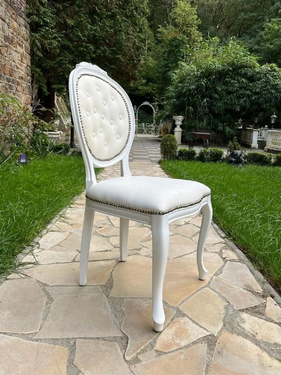 Casa Padrino silla de comedor barroco de lujo crema / blanco - Silla de estilo barroco hecha a mano con cuero artificial fino - Muebles de comedor estilo barroco - Muebles barrocos