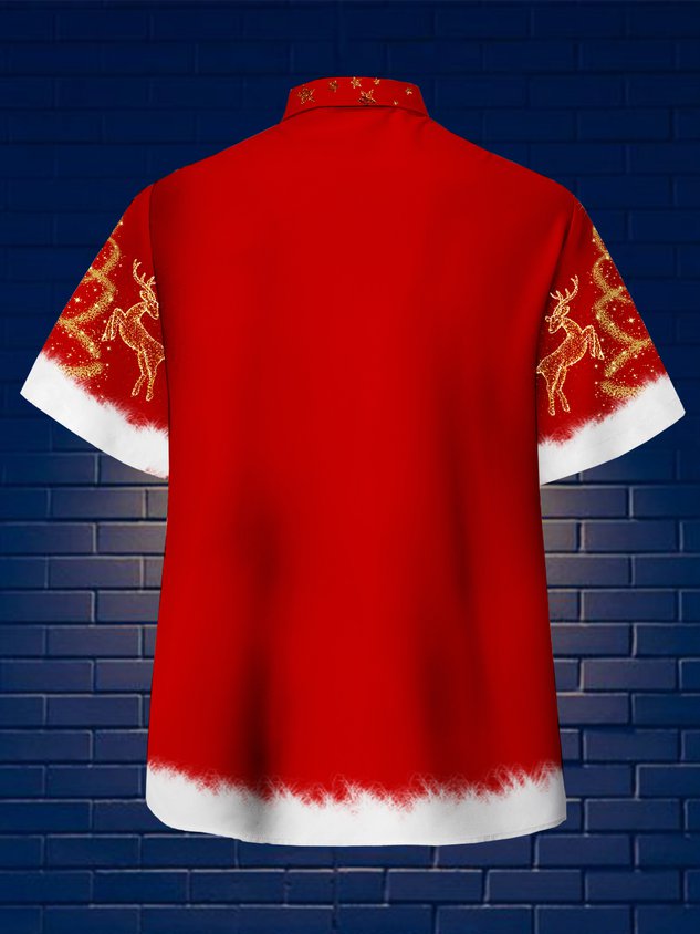 Men's New Santa Outfit Print Casual Breathable Hawaiian Short Sleeve Shirt