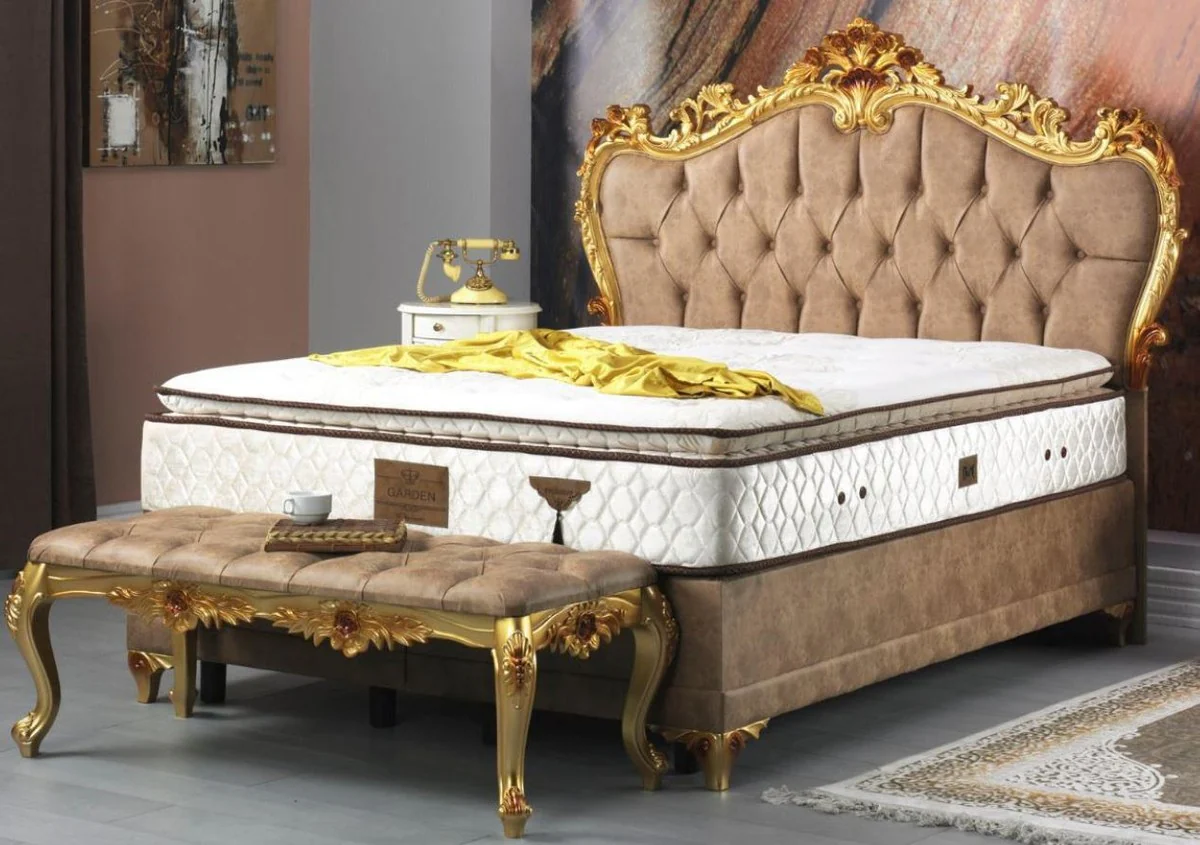 Casa Padrino cama doble barroco marrón / oro - Cama de terciopelo adornada con colchón - Conjunto de dormitorio de estilo barroco - Muebles de Dormitorio