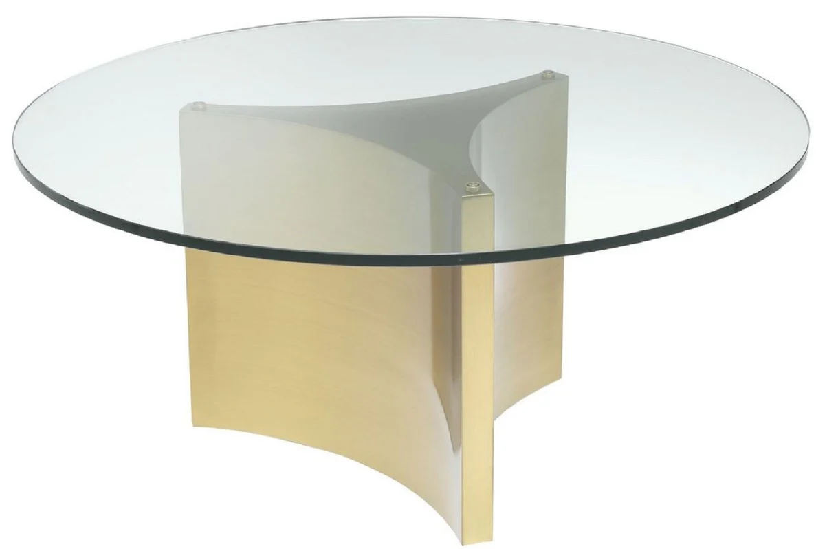 Casa Padrino mesa de centro de lujo blanco / lat¨®n antiguo ? 104 x A. 46,5 cm - Mesa de sal¨®n redonda de acero inoxidable con tapa de vidrio y 3 taburetes elegantes - Muebles de sala - Muebles de lujo